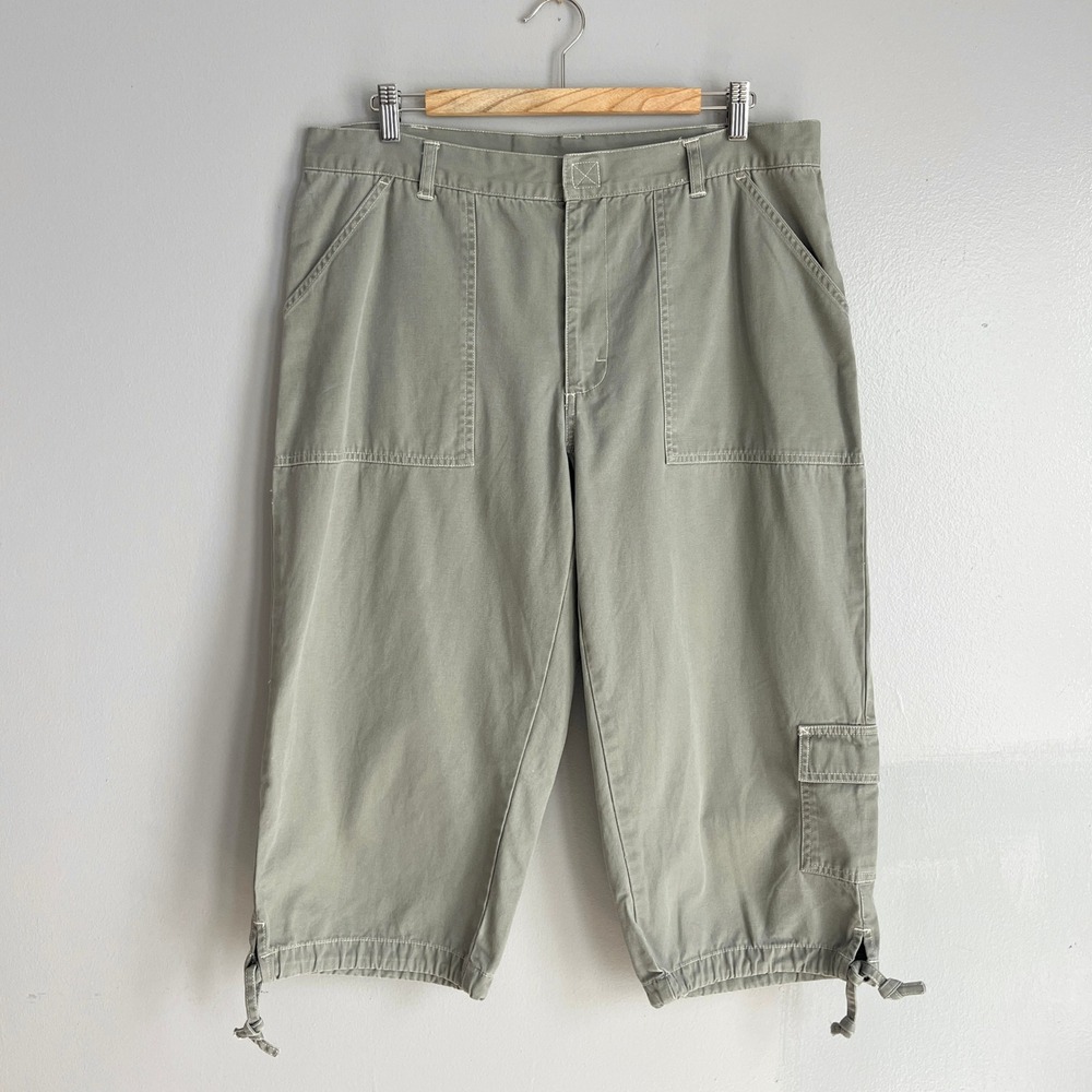 Old Navy Vintage Y2K Cargo Capri Pants Green Cotton Utility Cinched Hem Size 16